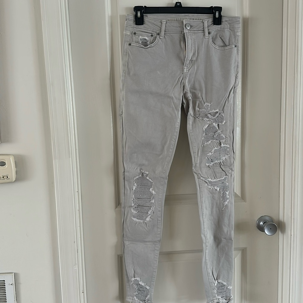 American Eagle Light Grey Ripped Jeans Size 10 XLong Worn Once